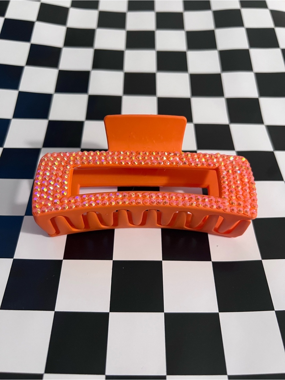 Hand Bedazzled Neon Orange Rhinestone Claw Clip Adult Double-Sided Sparkle